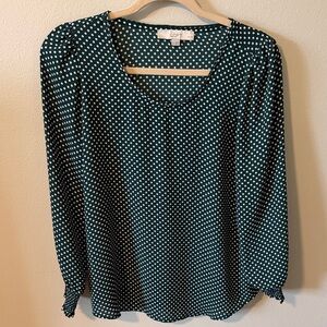 LOFT Teal Green Polka Dot Long Sleeve Blouse